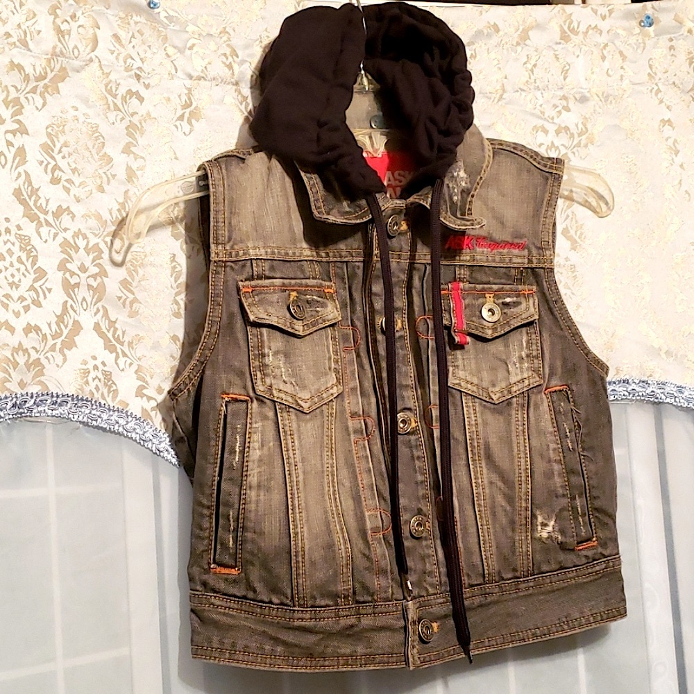 ASK ENQUIRED JEAN VEST W/SWEAT HOOD LINING. SZ S